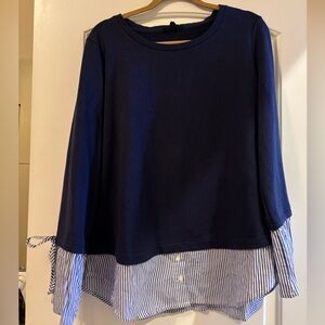 Navy Blue Long Sleeve Top with Striped Hem BLL Tricot